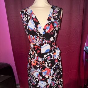 Dana Buchman Black Wrap Dress with Red, Blue & White Floral Print